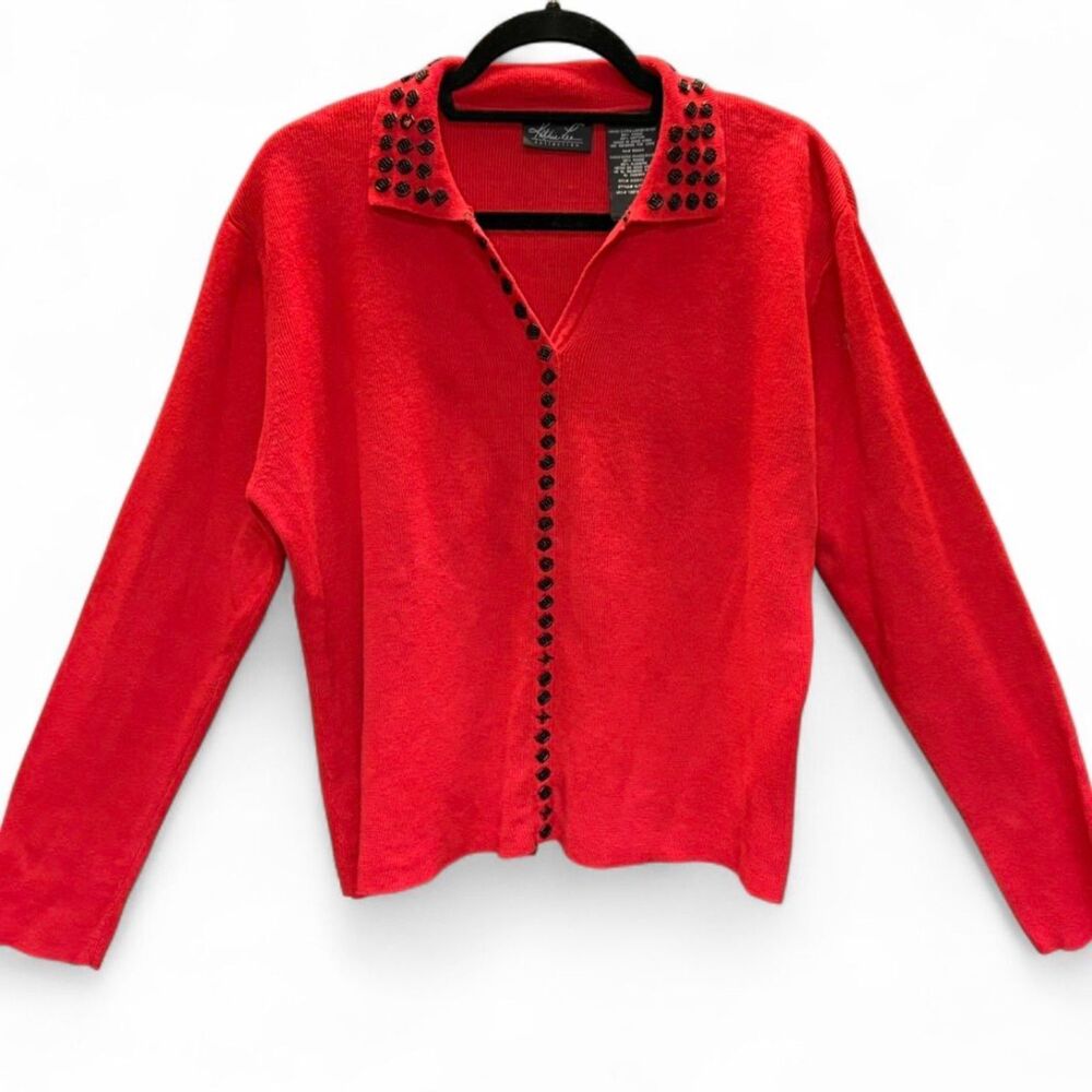Vintage Kathy Lee Red Beaded Collared Sweater Ramie Cotton Blend size XL